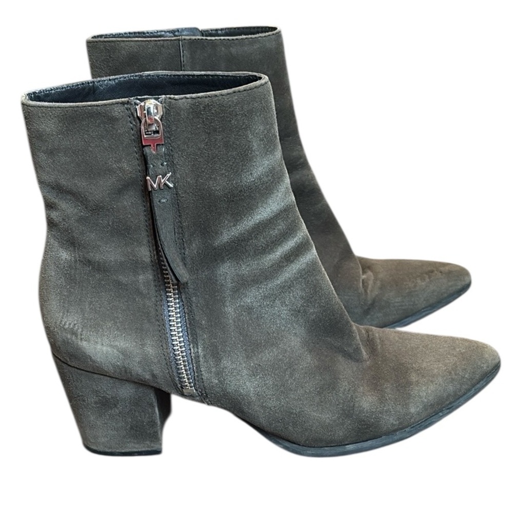 MICHAEL KORS Dawson Ankle Boots Women’s 7.5 Gray Suede Pointy Toe Block Heel